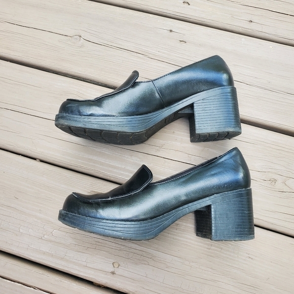 Vintage 90s y2k Bratz Black Vegan Leather Platform Oxford Chunky Heel Loafers 8 - Picture 2 of 9